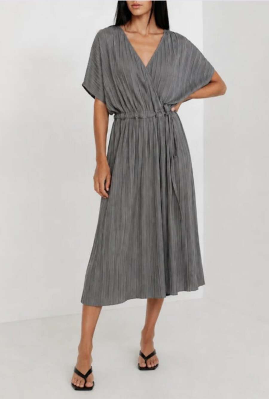 NWOT Paper Label XS Mimi Accordion Pleated Batwing Wrap Dress Charcoal Gray Midi